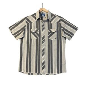 Wrangler Vintage Western Pearl Snap Gray Striped Short Sleeve Shirt XLT #1821